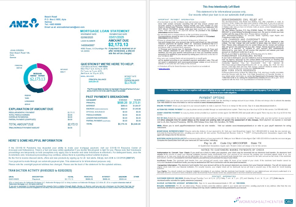 Премиум Скачать Самоа ANZ Банк Банк Ипотека Выписка в Word и PDF Formats 1 2 Photoshop Шаблон