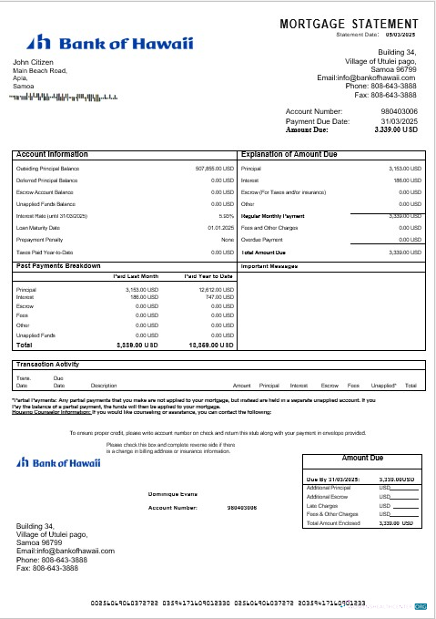 Редактируемый Скачать Самоа Банк Hawaii Ипотека Выписка в Word и PDF Formats Photoshop Шаблон