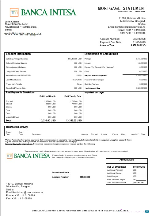 Качественный Скачать Сербия Banca Intesa Ипотека Выписка в Word и PDF Formats Photoshop Шаблон