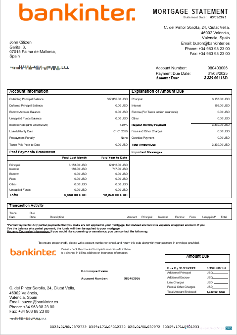 Реалистичный Скачать Испания Bankinter Банк Ипотека Выписка в Word и PDF Formats Photoshop Шаблон