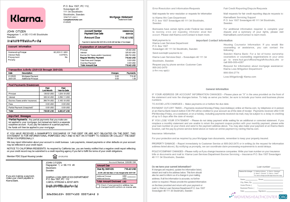 Качественный Скачать Швеция Klarna Банк Ипотека Выписка в Word и PDF Formats Photoshop Шаблон
