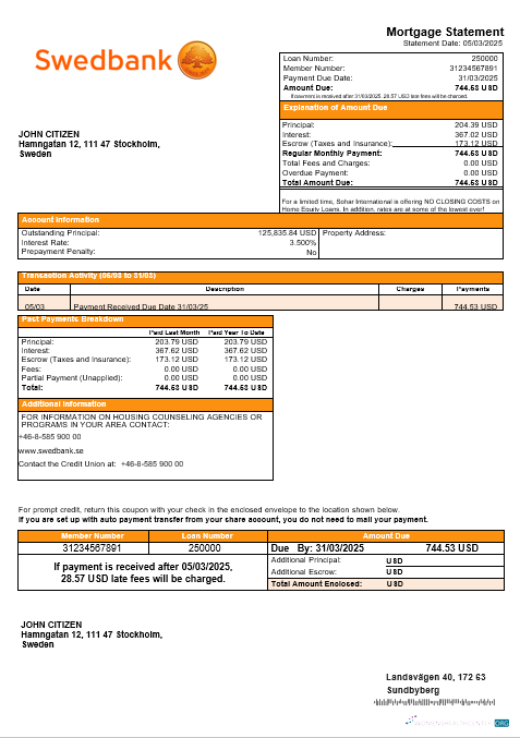 Реалистичный Скачать Swedish Swedbank Банк Ипотека Выписка в Word и PDF Formats Photoshop Шаблон