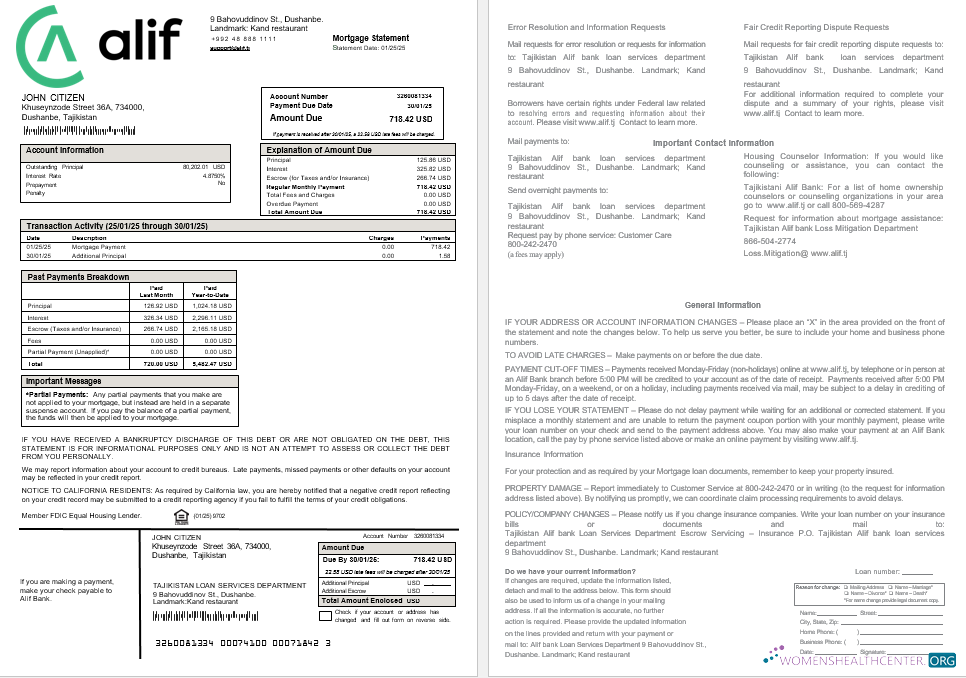 Реалистичный Скачать Таджикистан Alif Банк Ипотека Выписка в Word и PDF Formats Photoshop Шаблон