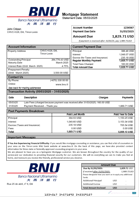 Реалистичный Скачать Timor Leste BNU Банк Ипотека Выписка в Word и PDF Formats Photoshop Шаблон