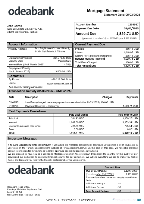 Качественный Скачать Turkish Odeabank Банк Ипотека Выписка в Word и PDF Formats Photoshop Шаблон