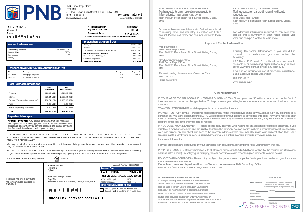 Реалистичный Скачать UAE Dubai PNB Банк Ипотека Выписка в Word и PDF Formats Photoshop Шаблон