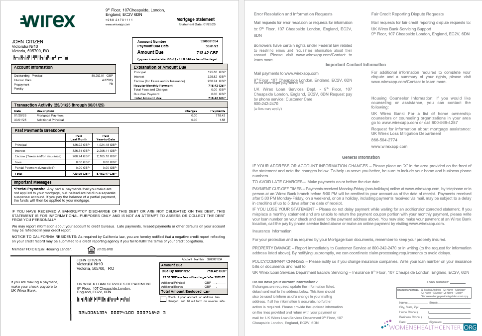 Профессиональный Скачать UK Wirex Ипотека Выписка в Word и PDF Formats Photoshop Шаблон