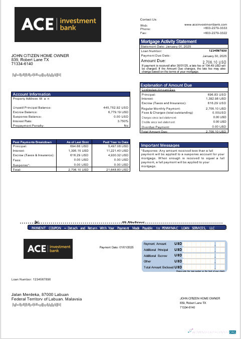 Редактируемый Скачать USA ACE Банк Ипотека Выписка в Word и PDF Formats Photoshop Шаблон