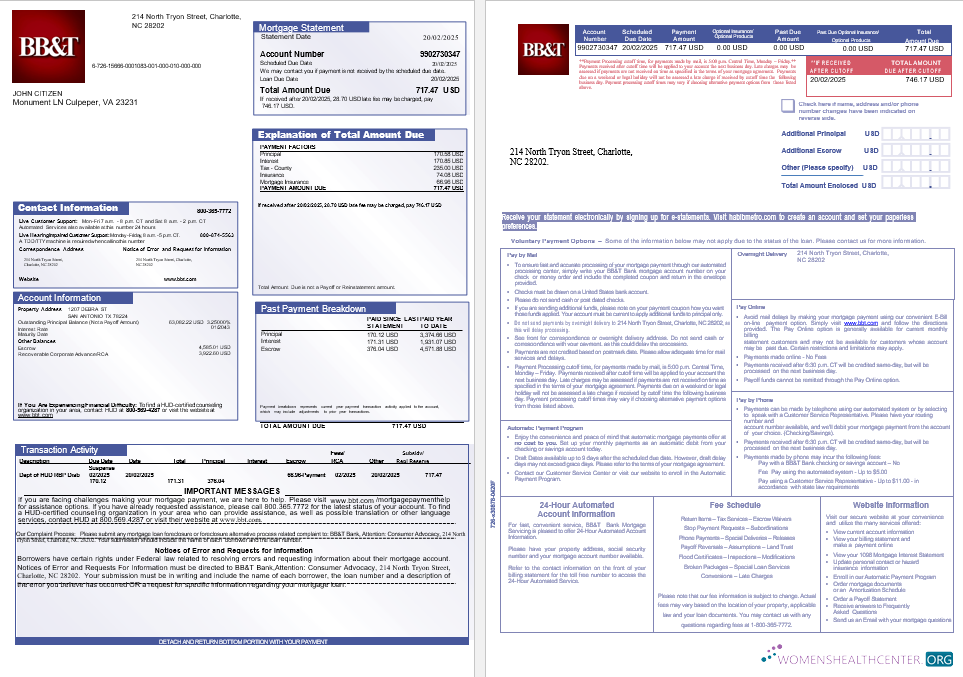 Реалистичный Скачать USA BB&T Corp. Банк Ипотека Выписка в Word и PDF Formats, 3 Страниц 1 2 Photoshop Шаблон