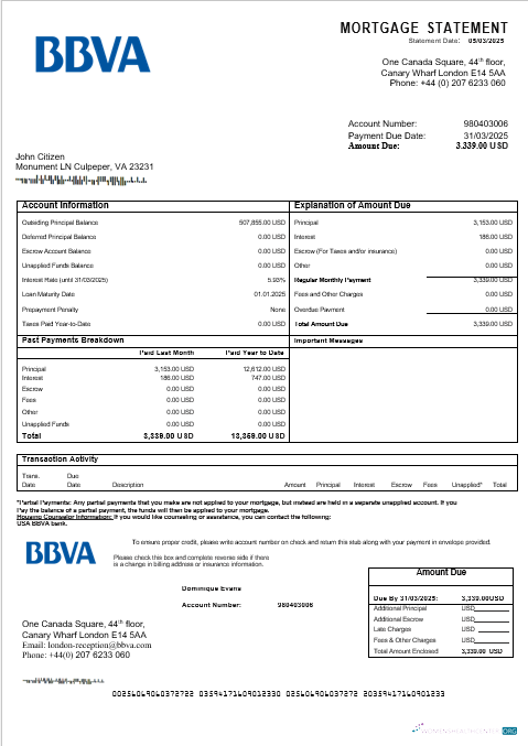 Реалистичный Скачать USA BBVA Банк Ипотека Выписка в Word и PDF Formats Photoshop Шаблон