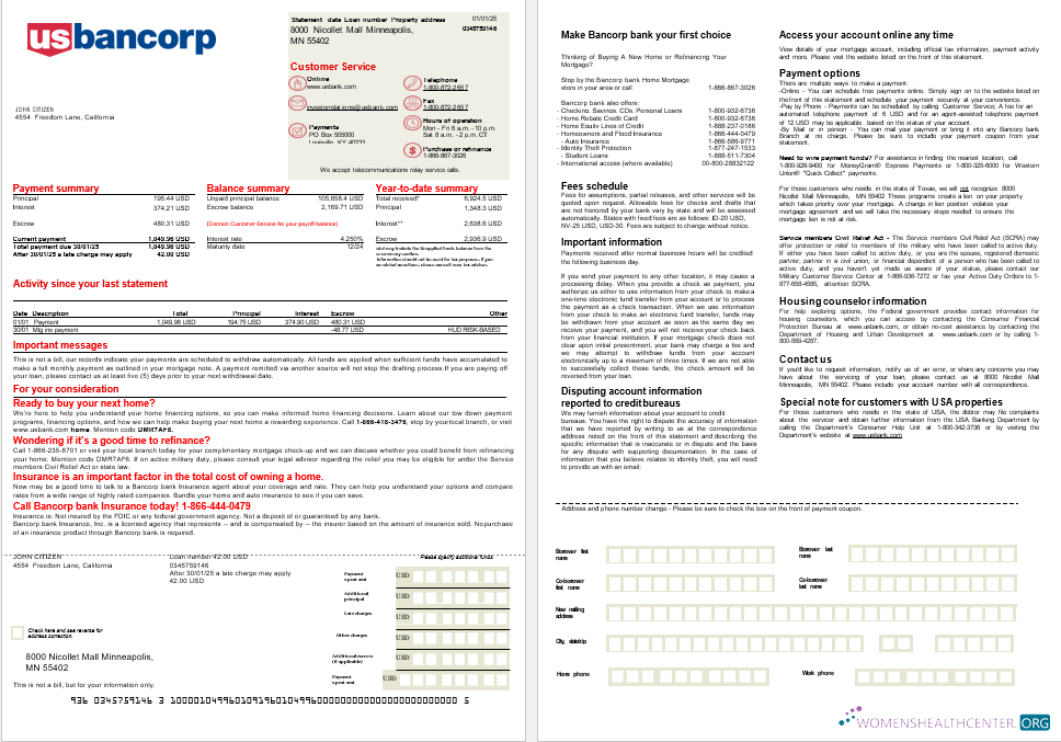 Редактируемый Скачать USA Bancorp Банк Ипотека Выписка в Word и PDF Formats, 2 Страниц Photoshop Шаблон