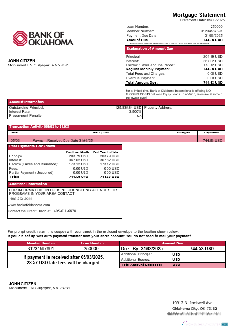 Премиум Скачать USA Банк Oklahoma Ипотека Выписка в Word и PDF Formats Photoshop Шаблон