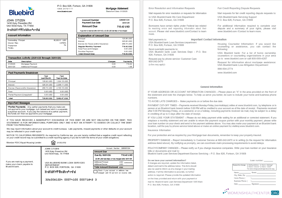 Качественный Скачать USA Bluebird Банк Ипотека Выписка в Word и PDF Formats Photoshop Шаблон