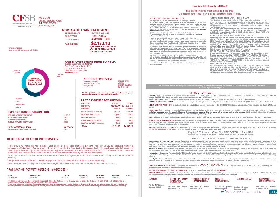 Редактируемый Скачать USA CFSB Банк Ипотека Займ Выписка в Word и PDF Formats , 4 Страниц 1 2 Photoshop Шаблон