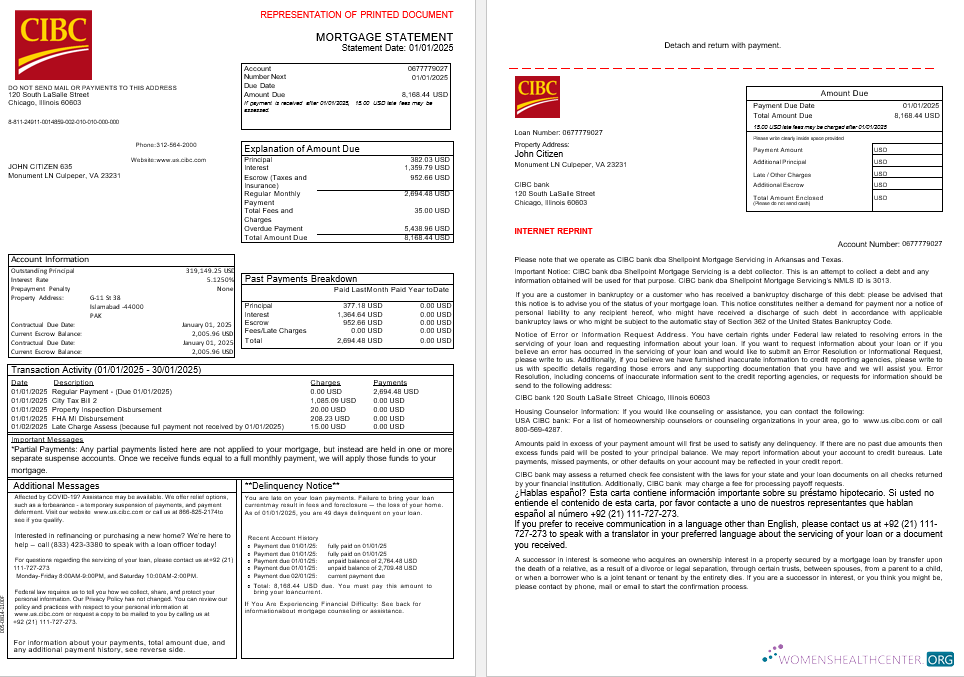 Профессиональный Скачать USA CIBC Банк Ипотека Выписка в Word и PDF Formats, 3 Страниц 1 2 Photoshop Шаблон