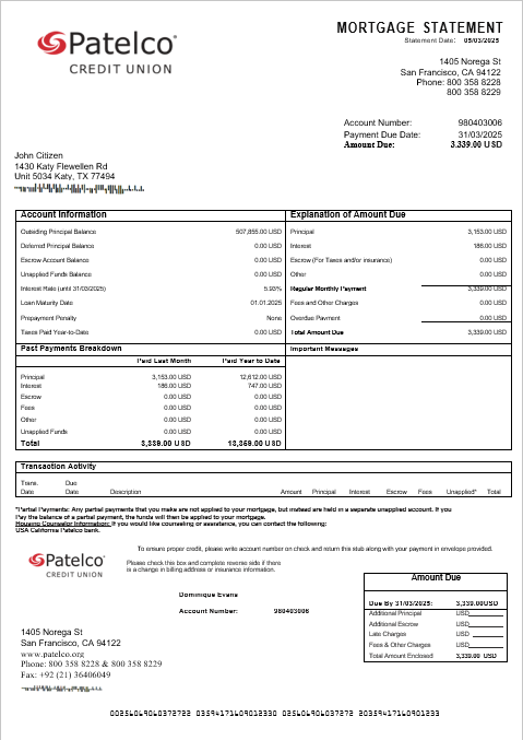 Профессиональный Скачать USA California Patelco Банк Ипотека Выписка в Word и PDF Formats Photoshop Шаблон