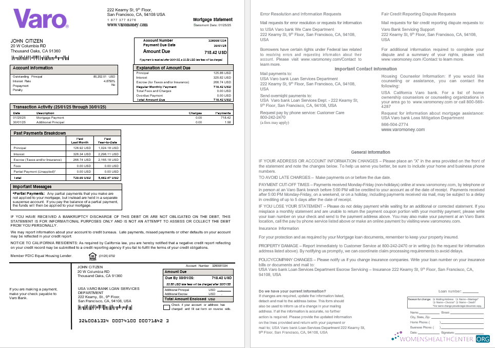 Профессиональный Скачать USA California Varo Банк Ипотека Выписка в Word и PDF Formats Photoshop Шаблон