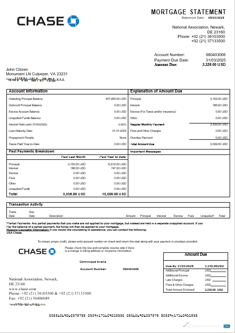 Реалистичный Скачать USA Chase Ипотека Выписка в Word и PDF Formats Photoshop Шаблон