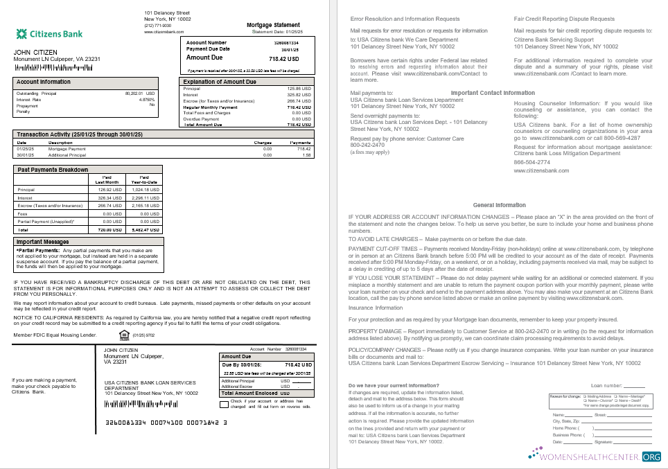 Редактируемый Скачать USA Citizens Банк Ипотека Выписка в Word и PDF Formats Photoshop Шаблон