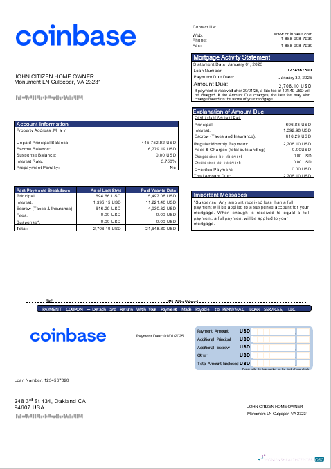 Редактируемый Скачать USA Coinbase Ипотека Выписка в Word и PDF Formats Photoshop Шаблон