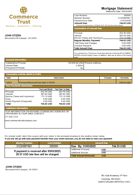 Редактируемый Скачать USA Commerce Траст Банк Ипотека Выписка в Word и PDF Formats Photoshop Шаблон