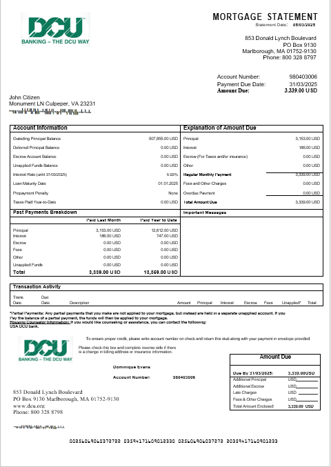 Профессиональный Скачать USA DCU Банк Ипотека Выписка в Word и PDF Formats Photoshop Шаблон