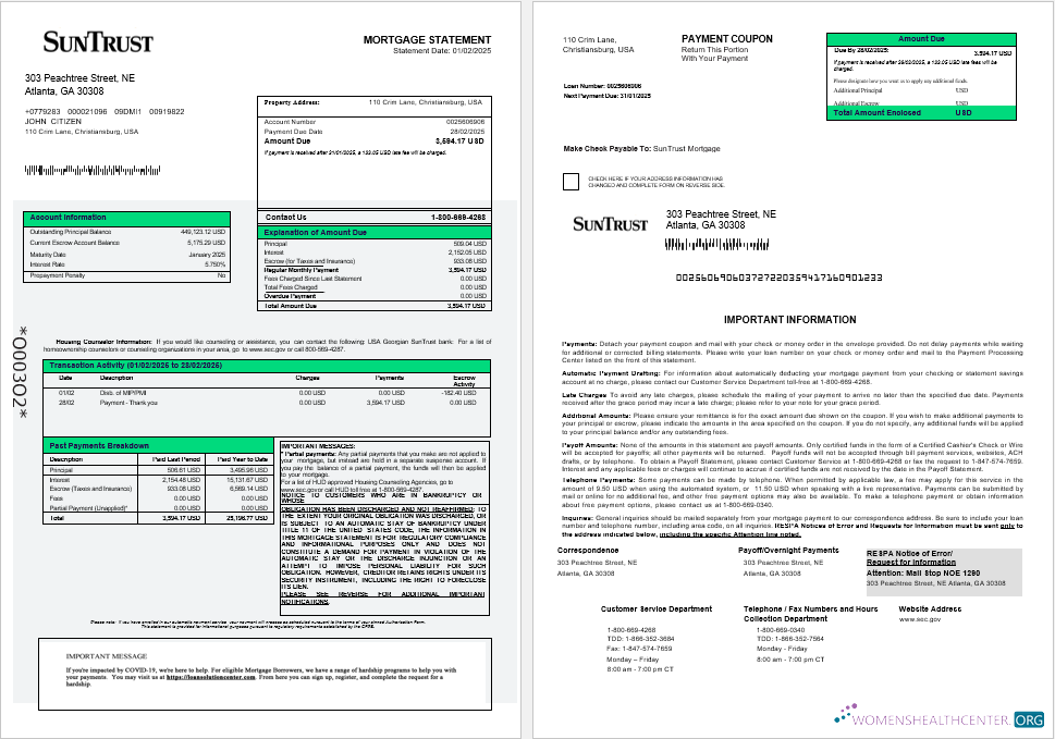 Реалистичный Скачать USA Georgian SunTrust Банк Ипотека Выписка в Word и PDF Formats 1 2 Photoshop Шаблон