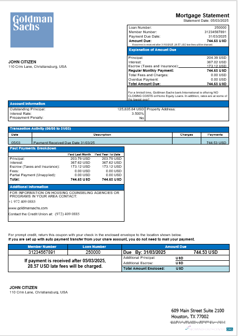 Качественный Скачать USA Goldman Sachs Банк Ипотека Выписка в Word и PDF Formats Photoshop Шаблон
