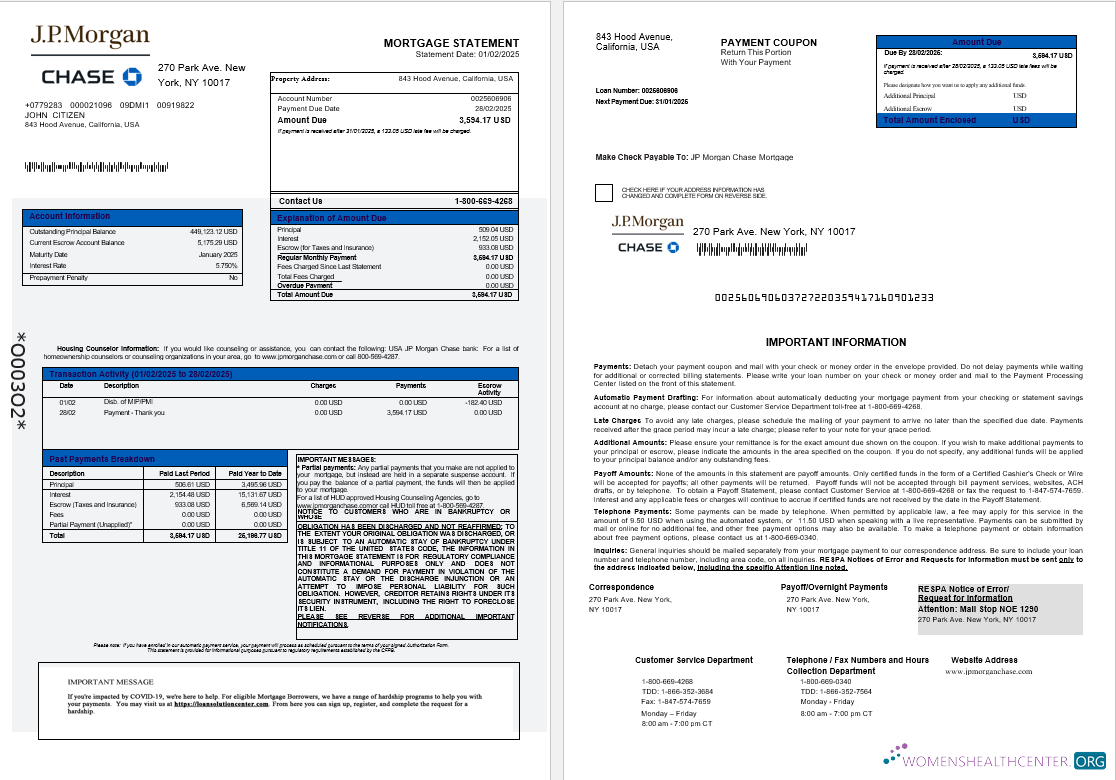 Профессиональный Скачать USA JP Morgan Chase Банк Ипотека Выписка в Word и PDF Formats 1 2 Photoshop Шаблон