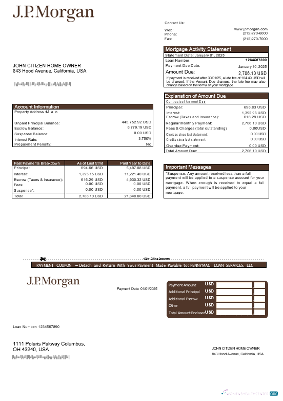 Реалистичный Скачать USA JP Morgan Банк Ипотека Выписка в Word и PDF Formats Photoshop Шаблон