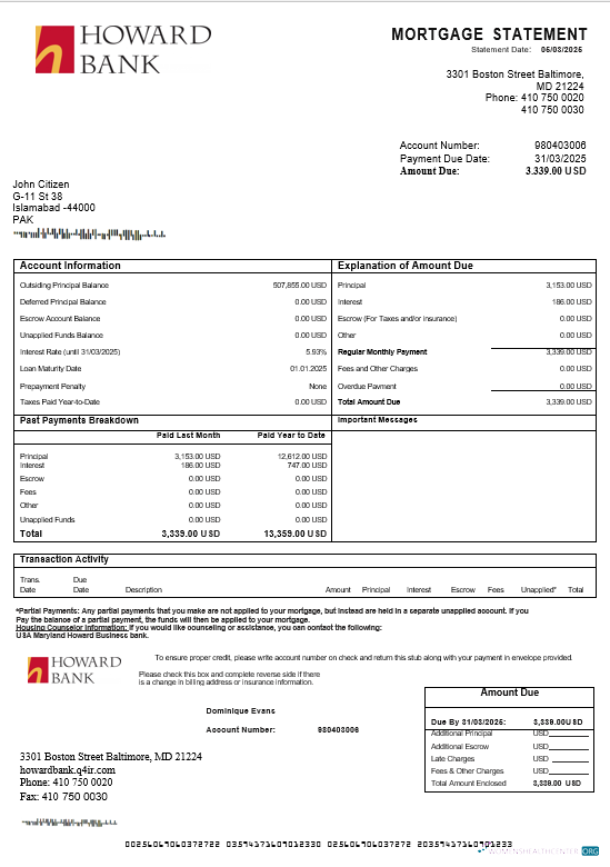 Редактируемый Скачать USA Maryland Howard Бизнес Банк Ипотека Выписка в Word и PDF Formats Photoshop Шаблон