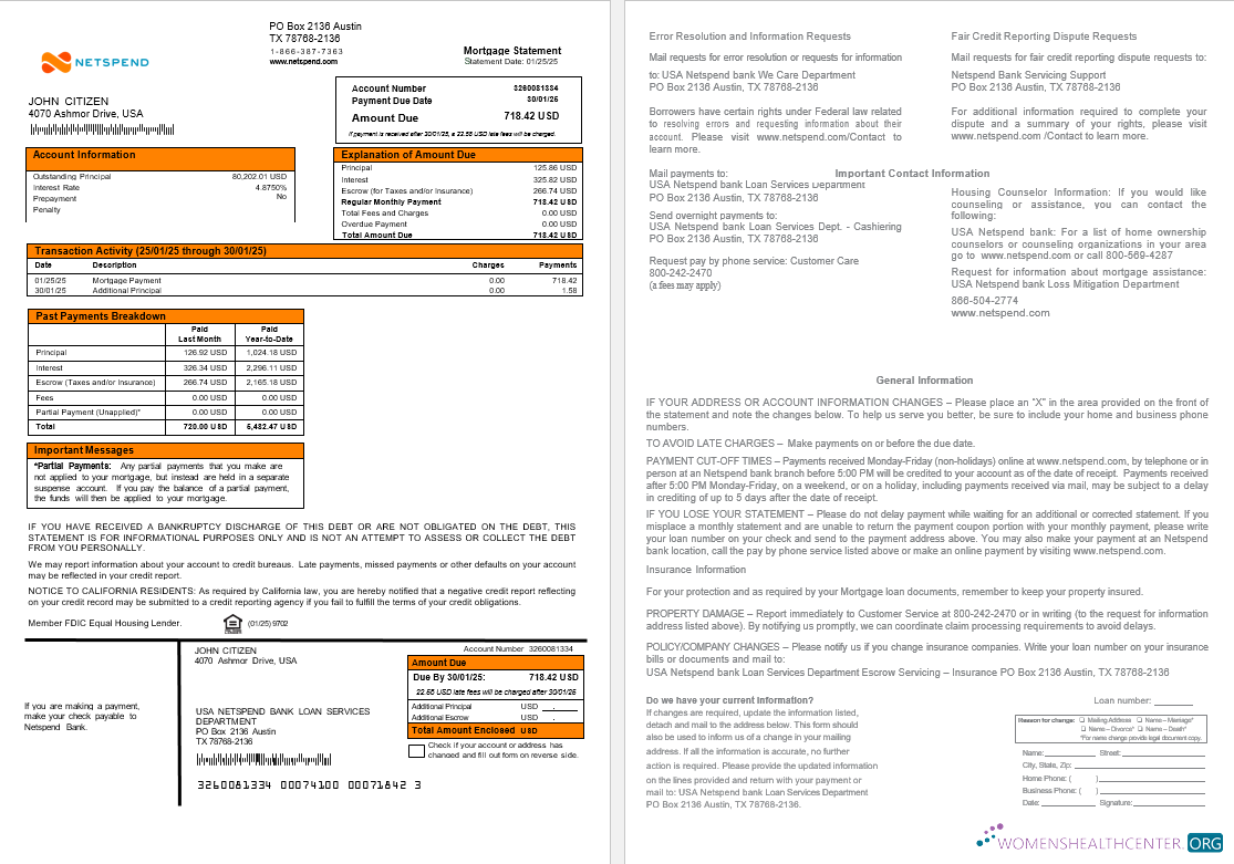 Качественный Скачать USA Netspend Банк Ипотека Выписка в Word и PDF Formats Photoshop Шаблон