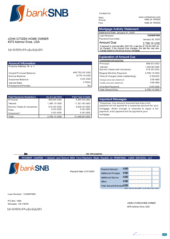 Качественный Скачать USA Oklahoma SNB Банк Ипотека Выписка в Word и PDF Formats Photoshop Шаблон