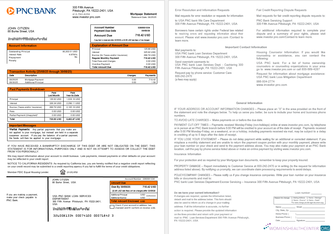 Реалистичный Скачать USA PNC Банк Ипотека Выписка в Word и PDF Formats Photoshop Шаблон