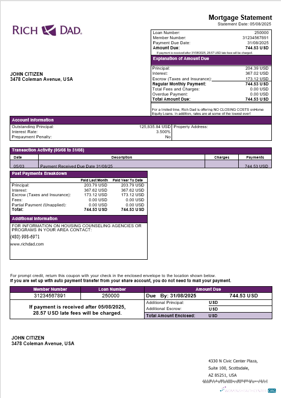 Качественный Скачать USA Rich Dad Банк Ипотека Выписка в Word и PDF Formats Photoshop Шаблон