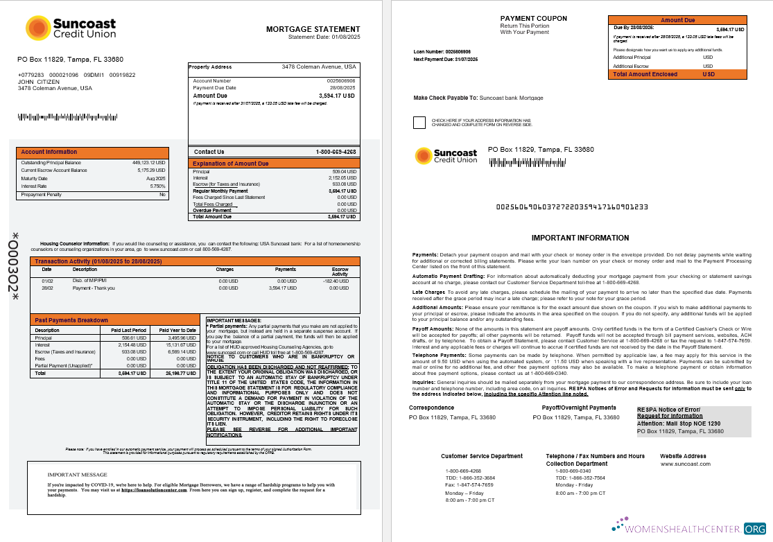 Редактируемый Скачать USA Suncoast Банк Ипотека Выписка в Word и PDF Formats 1 2 Photoshop Шаблон