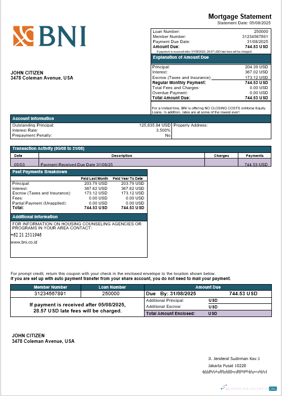 Редактируемый Скачать USA Texas BNI Банк Ипотека Выписка в Word и PDF Formats Photoshop Шаблон