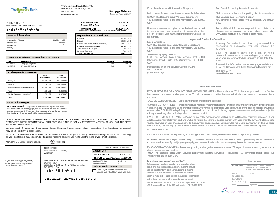 Редактируемый Скачать USA Bancorp Банк Ипотека Выписка в Word и PDF Formats Photoshop Шаблон