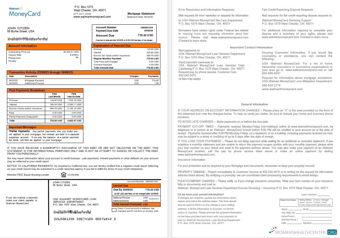 Профессиональный Скачать USA Walmart Money Карта Ипотека Выписка в Word и PDF Formats Photoshop Шаблон