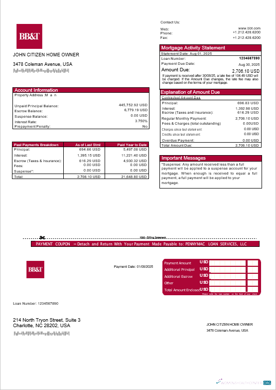 Премиум Скачать USA Washington BB&T Банк Ипотека Выписка в Word и PDF Formats Photoshop Шаблон