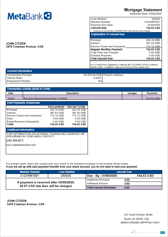 Редактируемый Скачать USA Washington Metabank Ипотека Выписка в Word и PDF Formats Photoshop Шаблон
