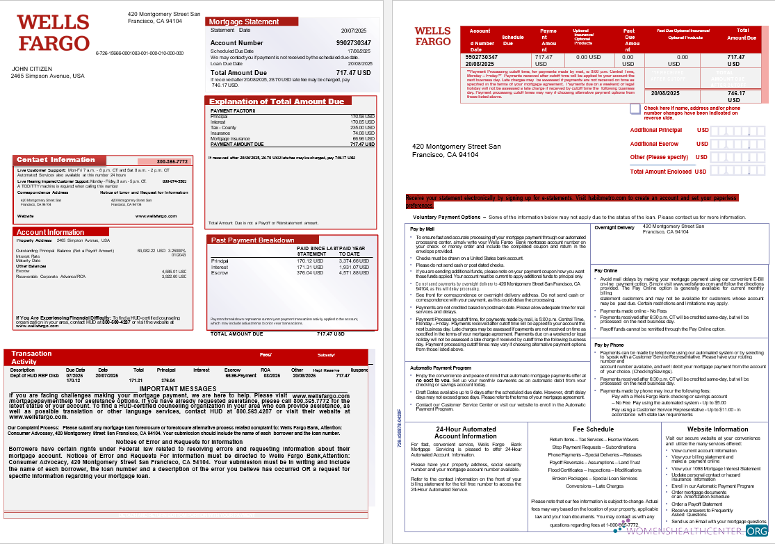 Реалистичный Скачать USA Wells Fargo Банк Ипотека Выписка в Word и PDF Formats, 3 Страниц 1 2 Photoshop Шаблон
