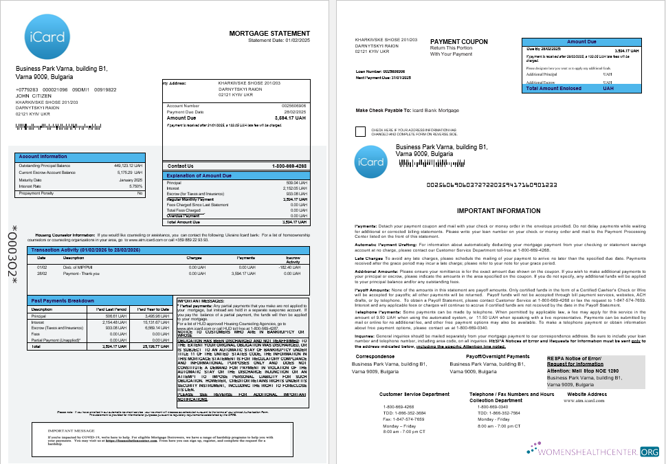 Редактируемый Скачать Украина Icard Банк Ипотека Выписка в Word и PDF Formats 1 2 Photoshop Шаблон