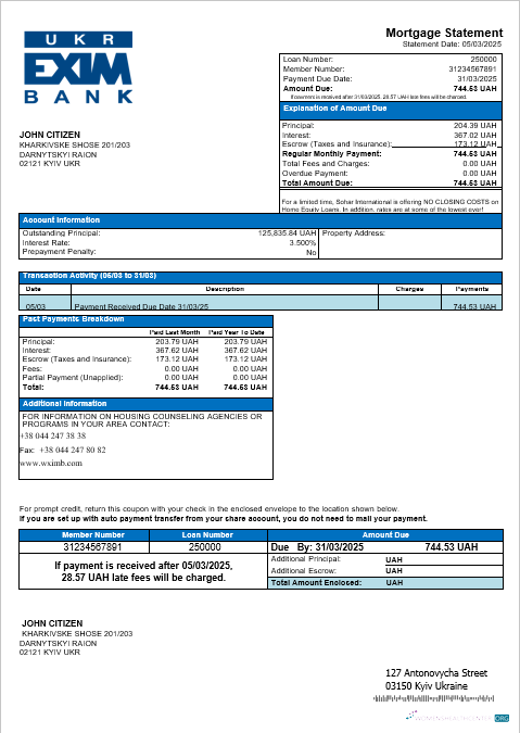 Профессиональный Скачать Украина Ukreximbank Банк Ипотека Выписка в Word и PDF Formats Photoshop Шаблон