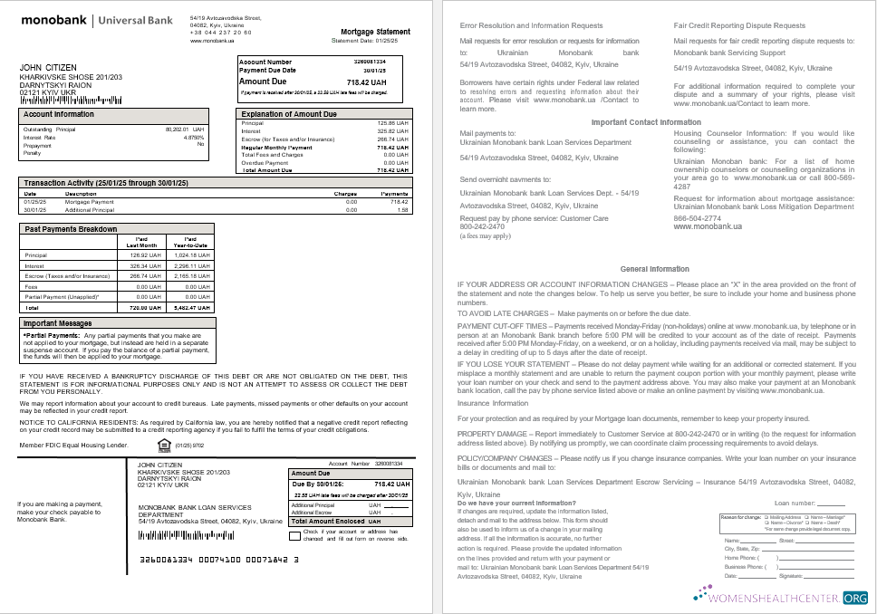 Премиум Скачать Ukrainian Monobank Банк Ипотека Выписка в Word и PDF Formats Photoshop Шаблон