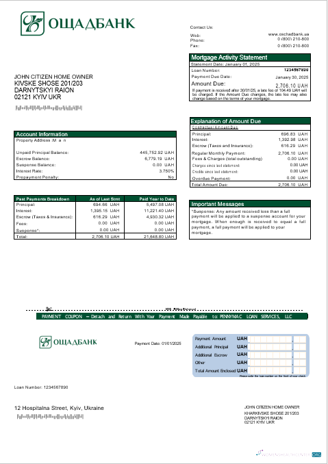 Качественный Скачать Ukrainian Oshadbank Ипотека Выписка в Word и PDF Formats Photoshop Шаблон