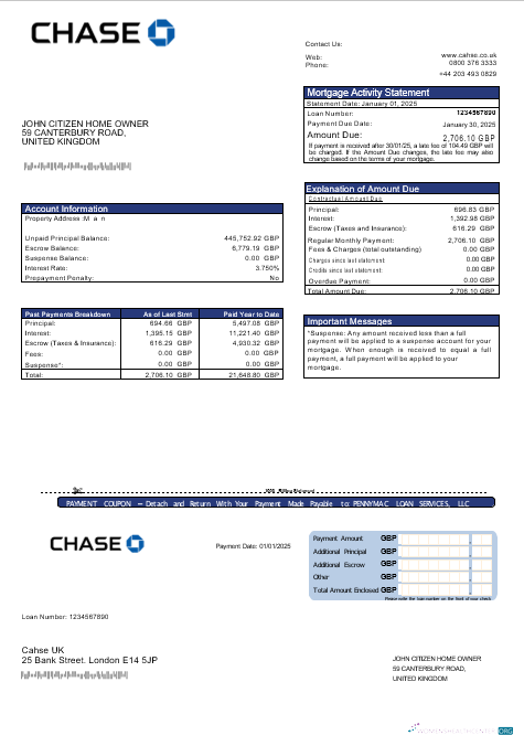 Профессиональный Скачать Великобритания Chase Банк Ипотека Выписка в Word и PDF Formats Photoshop Шаблон