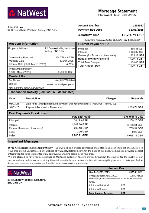 Премиум Скачать Великобритания NatWest Банк Ипотека Выписка в Word и PDF Formats Photoshop Шаблон