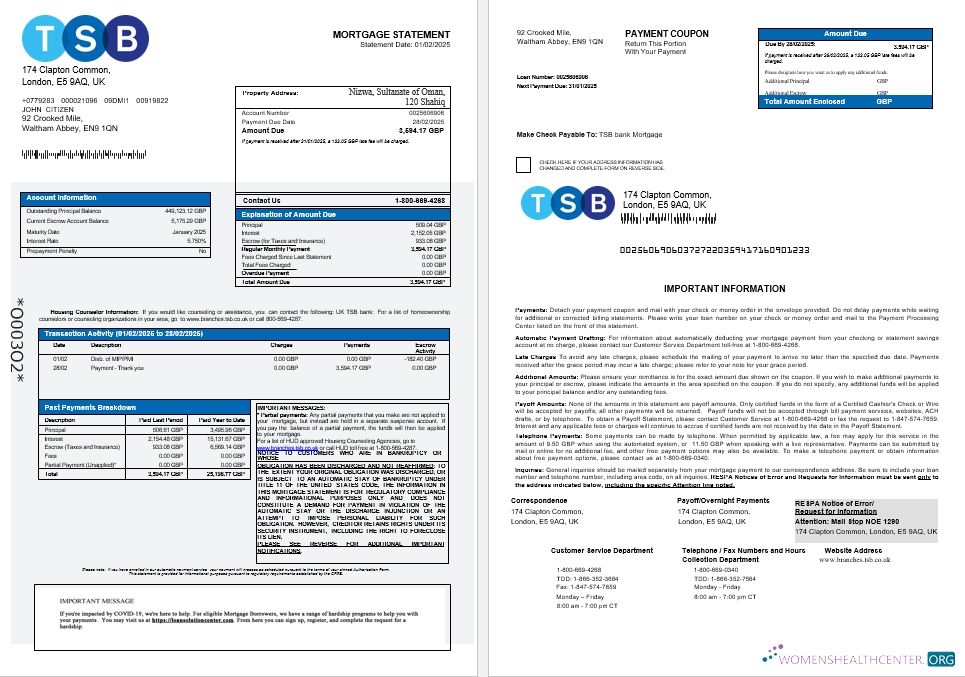 Реалистичный Скачать Великобритания TSB Банк Ипотека Выписка в Word и PDF Formats 1 2 Photoshop Шаблон