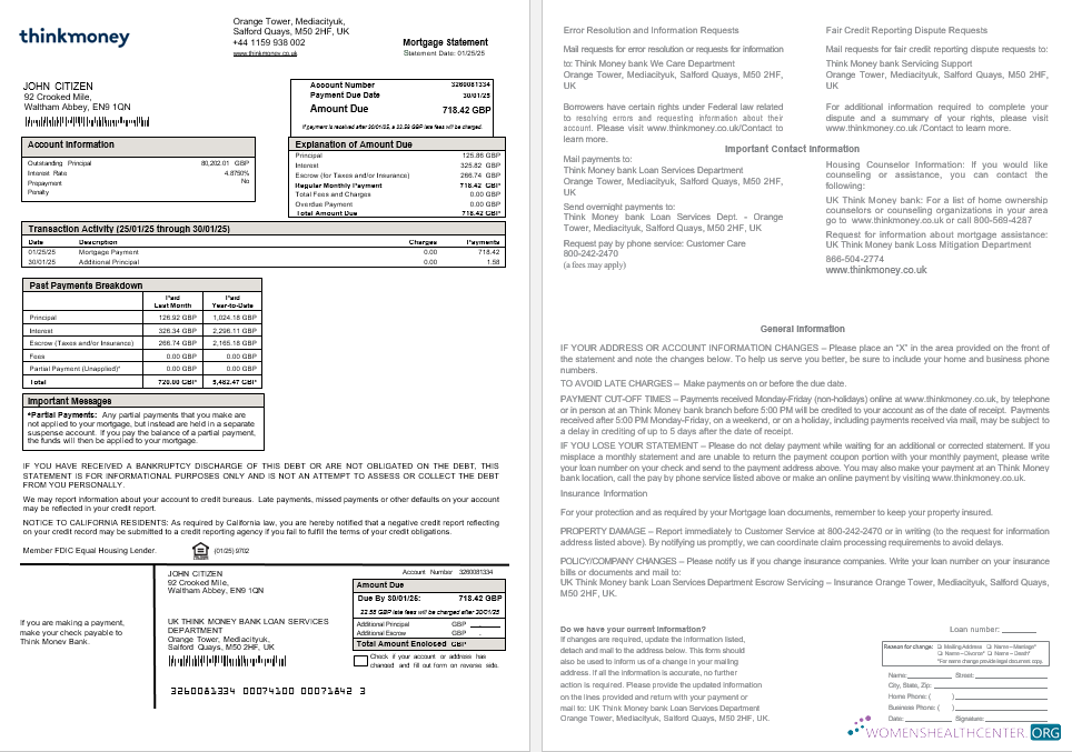 Качественный Скачать Великобритания Think Money Банк Ипотека Выписка в Word и PDF Formats Photoshop Шаблон